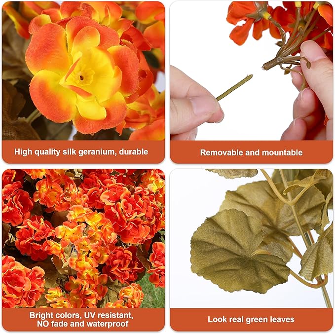 Fake Geraniums Artificial Flowers for Outdoors Fall Autumn Decoration, 6 Bundles Silk Geraniums Look Real Faux Fall Flowers Plants for Front Door Garden Planter Patio Balcony Yard Home Indoor, Mix