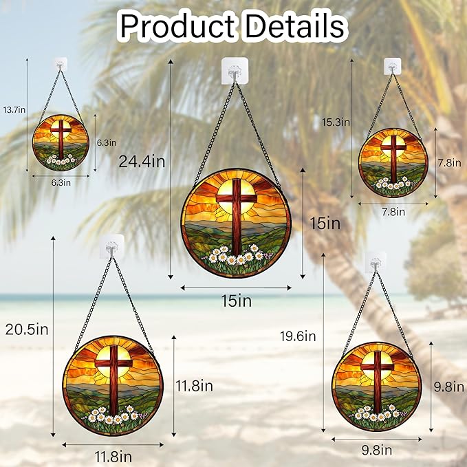 JOSUMALY Christian Gifts for Women - Cross Stained Glass Window Hanging Easter Daisy Natural Landscape Sun Catcher Garden Religion Decor Mother's Day Catholic Gift for Men Grandma Mom Her Nana 6.3"
