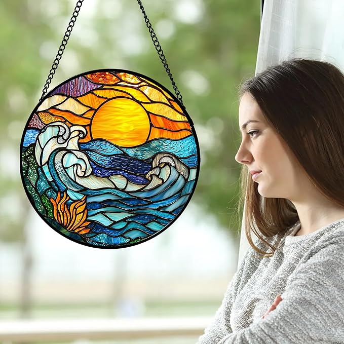 Stained Glass Window Hanging, Orange Sun Blue Sea Waves Landscape Suncatcher for Doors Window Home Sun Catchers Decor Mother's Day Birthday Gifts for Women, Men Mom 6.3 in