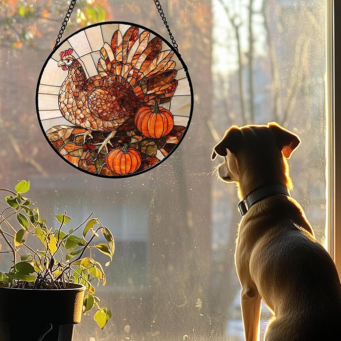 AMDERVEN Stained Glass Window Hanging 4 Pcs Set Brown Turkey Berry Corn 6.3" - Suncatcher Door Garden Sun Catcher Decor Birthday Thanksgiving Mother's Day for Mom Woman Nana Men