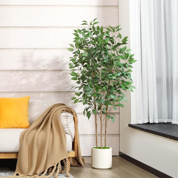 SOGUYI Ficus Artificial Tree 5ft Tall Fake Ficus Tree for Home Decor Indoor Faux Silk Ficus Plant Fake Floor Plant in White Imitation Ceramic Planter with Green Fake Moss, Set of 1