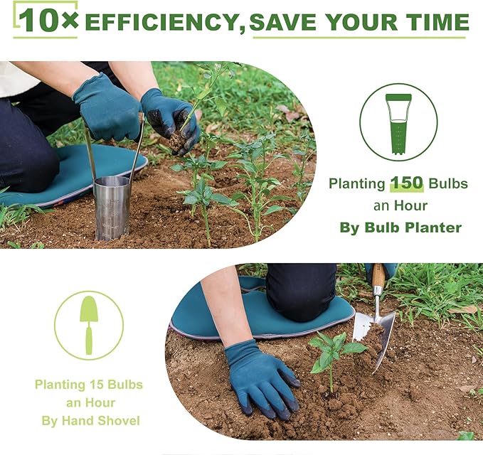 Haliaeetus Bulb Planter Tool, 6 inches Depth Mark Hand Bulb Planter, Non-Bending Stainless Steel Bulb Planter Digger, Garden Bulb Transplanter with Comfortable Wood Handle for Planting Tulip, Daffodil