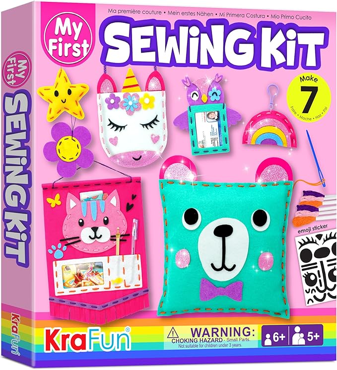 KRAFUN My First Sewing Kit for Beginner Kids Arts & Crafts, 7 Easy DIY Projects of Stuffed Animal Dolls and Plush Pillow Craft, Instructions & Felt, Gift for Girls, Boys, Learn to Sew, Embroidery