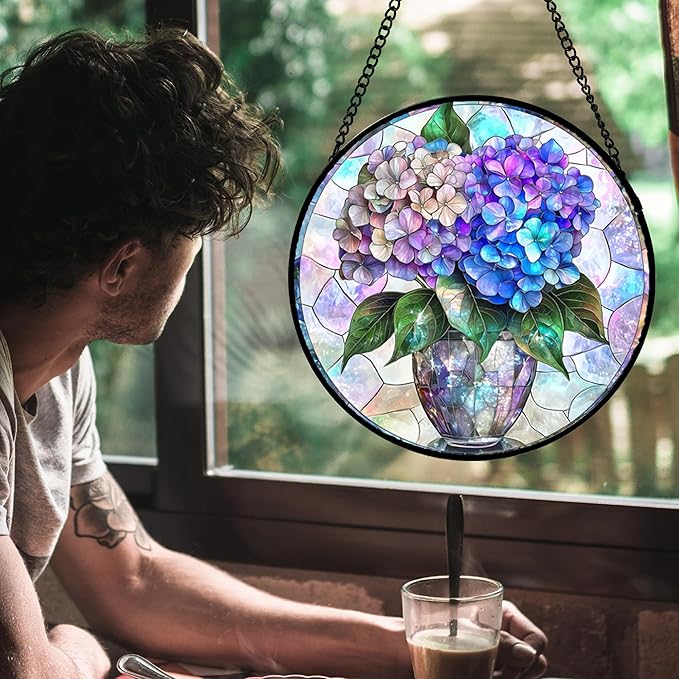HWRHTR Stained Glass Window Hanging, Blue Purple Hydrangea Flowerpot Suncatcher for Doors Home Sun Catchers Decoration and Christmas, Mother's Day Birthday Gifts for Women, Men, and Mom 6.3x6.3 in