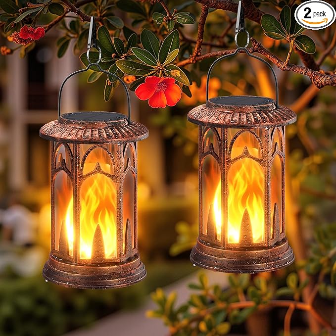 KOOPER Taller Solar Lanterns Outdoor Waterproof Hanging Solar Lantern Lights, 2Pack Upgraded Flickering Flame Lanterns Decorative Outdoor, Battery & Solar Powered lantern for Garden Yard Decor, Bronze