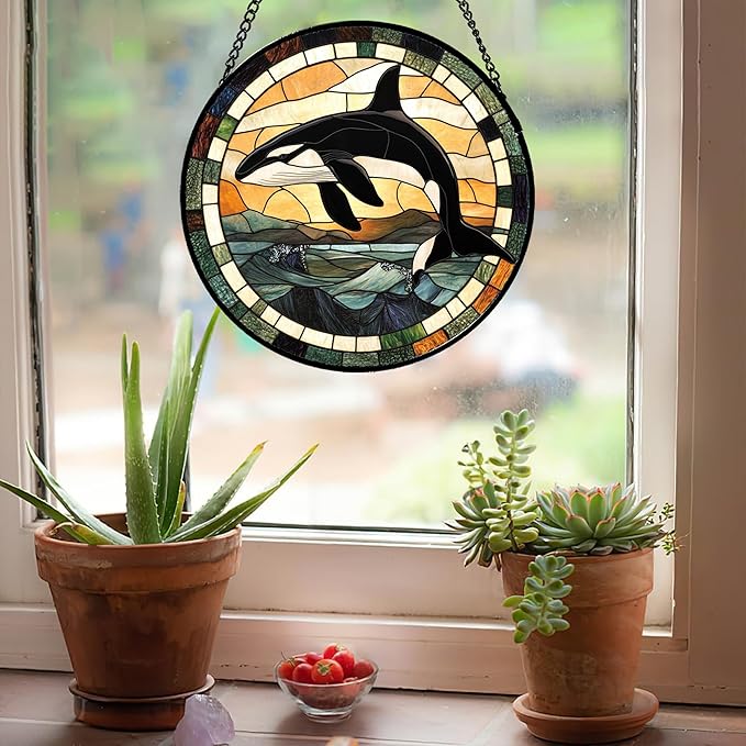 Stained Glass Window Hanging Ocean Wave Killer Whale Large 15" - Suncatcher Door Garden Sunroom Sun Catcher Home Decor Birthday Christmas for Mom Men Woman Nana