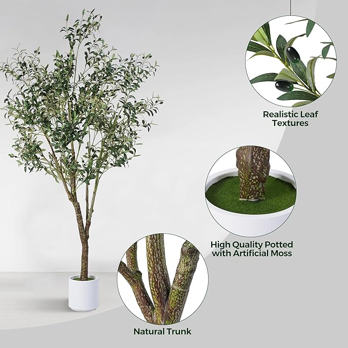 Jocoevol Artificial Olive Tree 6FT, Indoor Fake Silk Plant with Realistic Trunk, Leaves, Fruits and White Planter, Faux Potted Tree for Home Decor and Housewarming Gift, 1 Pack