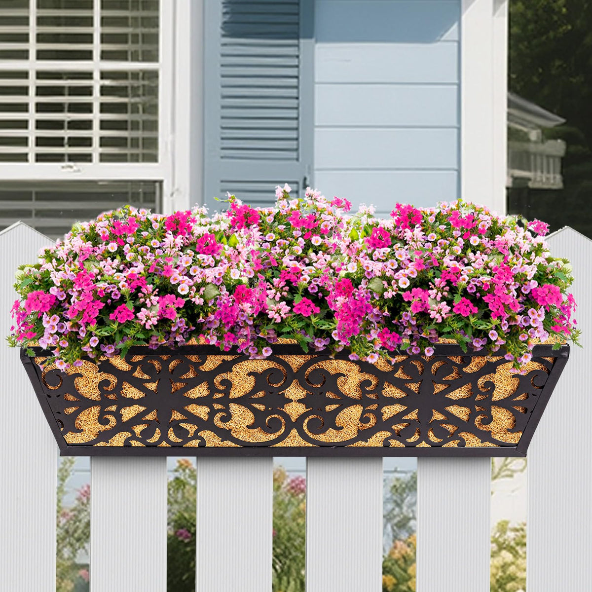 Karlliu 4 Pack 24 Inch Window Boxes Planters Railing Planter Box with Adjustable Brackets & Coco Liners Fabric Plant Grow Bags Deck Railing Planter Boxes Balcony Hanging Flower Box for Outdoor Plants