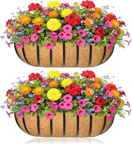 Window Box Railing Planter with Coco Liner 2 Pack 24 Inch Metal Hanging Flower Planter Deck Railing Planters Boxes for Balcony Outdoor Plants Fence Porch Patio