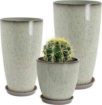 Neoaider 24/21/12 Inch Large Plastic Planter, Lightweight Ceramic-Look Tall Planters with Drain Hole & Saucers, Tall Plastic Planters for Porch, Garden, Patio, Balcony(Glaze Beige)