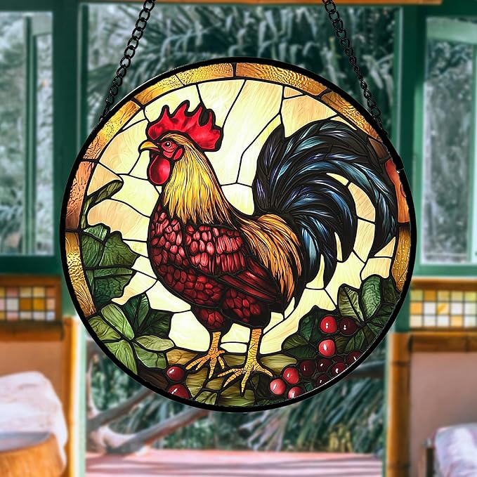 AMDERVEN Stained Glass Window Hanging, Colorful Big Cock Sun Catcher for Window Door Home Decor, Chicken Suncatcher Christmas Mother's Day Birthday Gifts for Women Men Mom and Nana 11.8 in