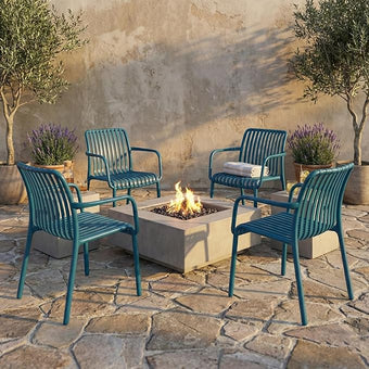 4 x Outdoor Stackable Dining Chair, All-Weather Plastic Patio Chair, Pool Side Chair, Modern Slatted Design for Balcony, Garden, Backyard, Indoor & Outdoor Use (Armrest, Teal Blue)