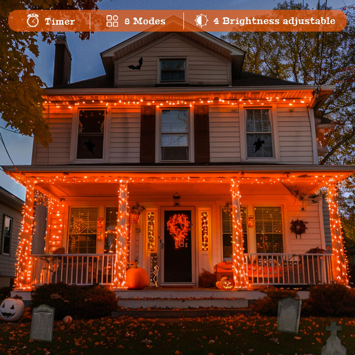 JMEXSUSS 400 LED Orange Lights for Halloween Decor, Plug in with Remote