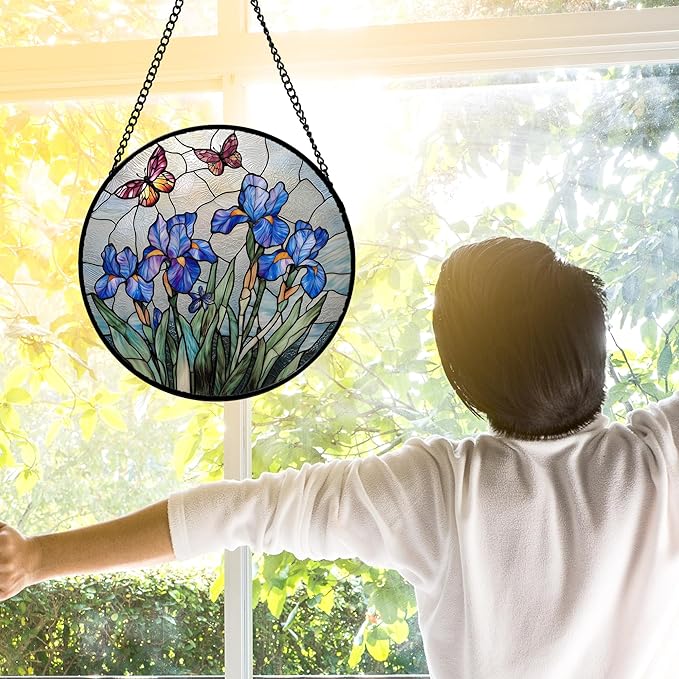 Stained Glass Window Hanging, Blue Iris Flowers Butterfly Suncatcher Diamond Colorful Glass Panel Sun Catchers Decor for Birthday for Women, Men, Wife, Aunt, and Mom 11.8 in
