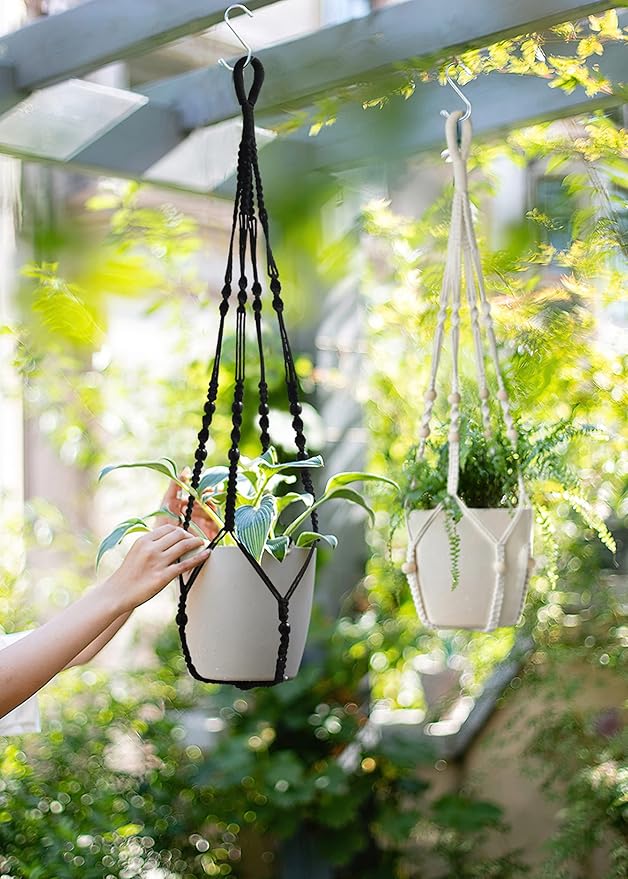 Macrame Plant Hanger Indoor Hanging with Wood Beads Macrame Planters No Tassel for Indoor Outdoor Boho Home Decor 35 Inch (Black,2pcs)