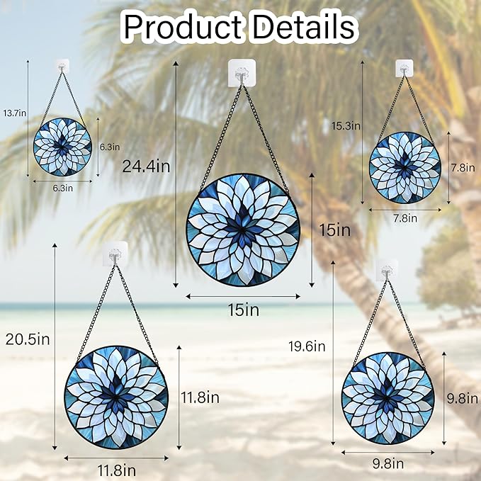 AMDERVEN Stained Glass Suncatcher, Blue White Multi-Petal Flowers Sun Catcher Landscape Stain Glass Window Hanging Decoration Mother's Day Birthday Gifts for Women Men Mom Nana 6.3 in