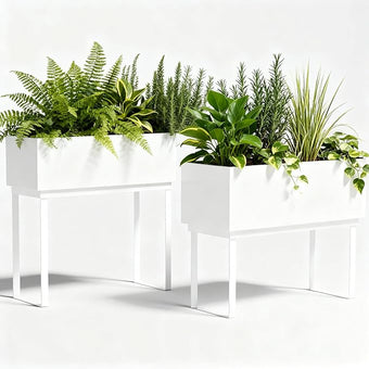 Worth Set of 2 Raised Metal Planter Box with Legs, Large & Small Galvanized Steel Elevated Garden Beds with Drainage Hole & Plug for Vegetables, Flowers & Herbs, Indoor & Outdoor Use - Glossy White
