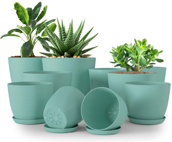 Plant Pots Indoor with Drainage, 10 Pack Multi-Size Planters Set, Aqua