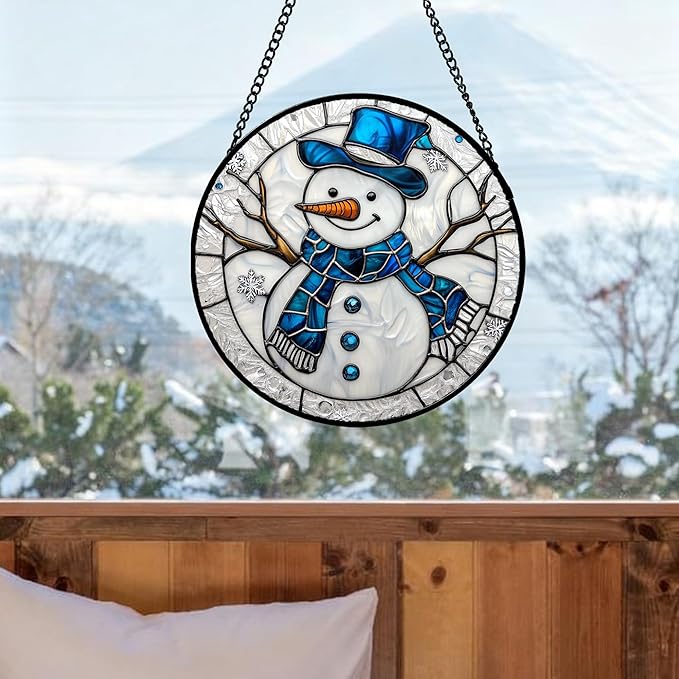 DASTOLL Stained Glass Window Hanging Christmas Snowman Blue White 6.3" - Suncatcher Door Garden Sun Catcher Home Decor Birthday Mother's Day Xmas Gift for Mom Men Woman Her Nana Parents Girl
