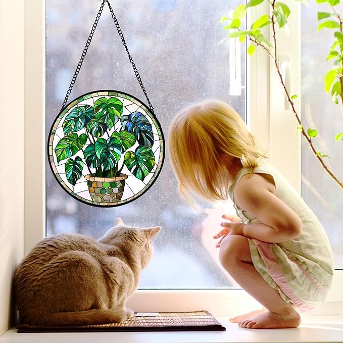 Stained Glass Window Hanging, Green Plant Monstera t Suncatcher Diamond Colorful Glass Panel Sun Catchers Decor for Birthday for Women, Men, Wife, Aunt, and Mom 7.8 in