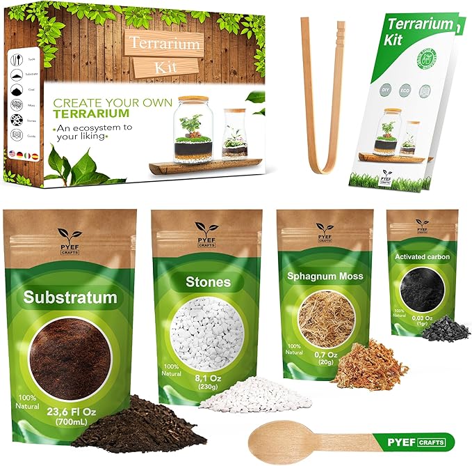 PYEF CRAFTS DIY Terrarium Kit for Plants – Build a Self‑Sustaining Closed Ecosystem – Supplies for Up to 68 oz (1‑2 Liter) Glass Jar – Succulents, Air Plants (Tillandsia), Fern – Jar Not Included