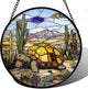 Stained Glass Window Hanging Golden Turtle Cactus Landscape 9.8" - Suncatcher Door Garden Sunroom Sun Catcher Home Decor Birthday Christmas for Mom Men Woman Nana