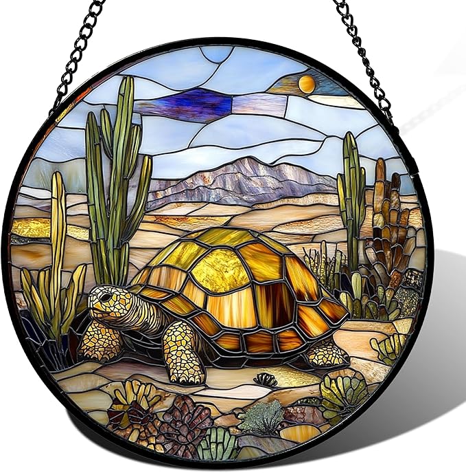 Stained Glass Window Hanging Golden Turtle Cactus Landscape 6.3" - Suncatcher Door Garden Sunroom Sun Catcher Home Decor Birthday Christmas for Mom Men Woman Nana
