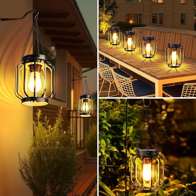 Solar Lanterns Outdoor Waterproof 4 Pack, 14.37'' Metal Hanging Solar Lights for Outside with Auto On/Off & Hook - Brighter Hanging Outdoor Lanterns Decorative Lighting for Garden Patio Yard