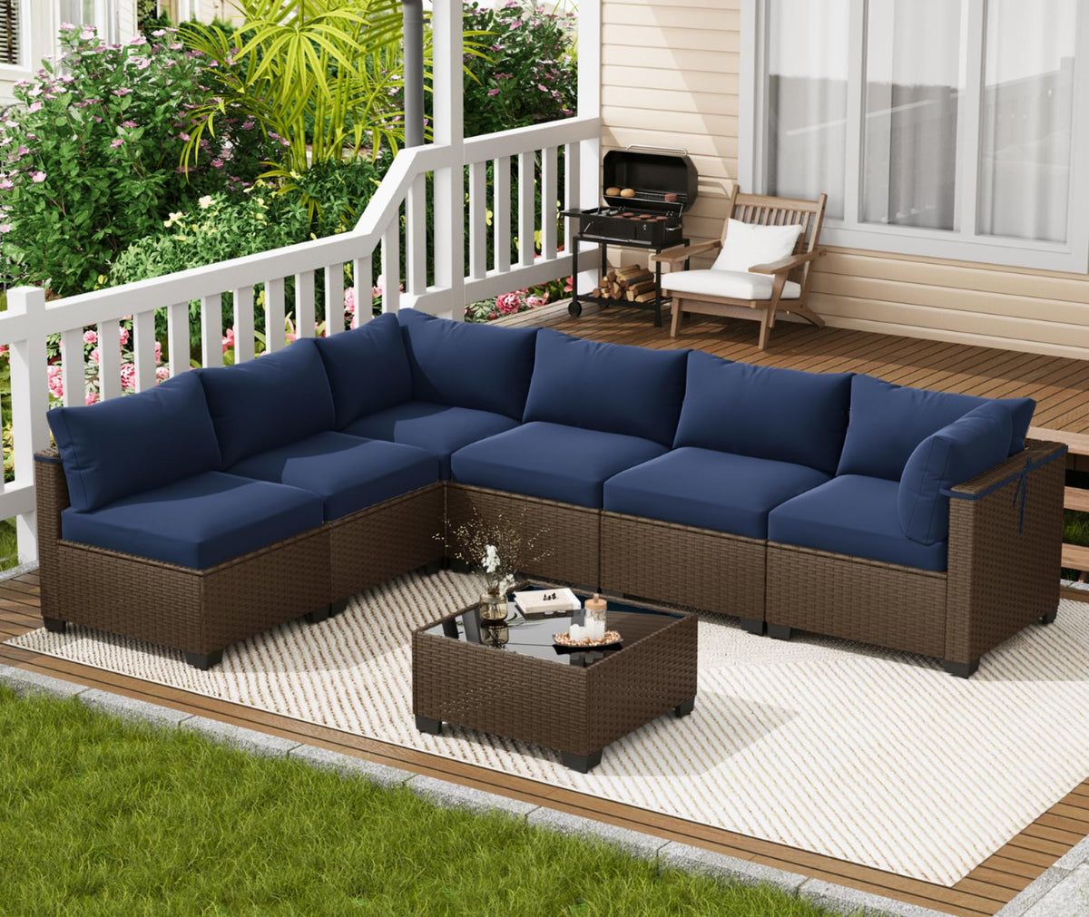LOUVIXA 7 Piece Outdoor Patio Furniture Set, Outdoor Sectional Sofa, Wicker Rattan Patio Furniture, Patio Conversation Set with Coffee Table & Cushions