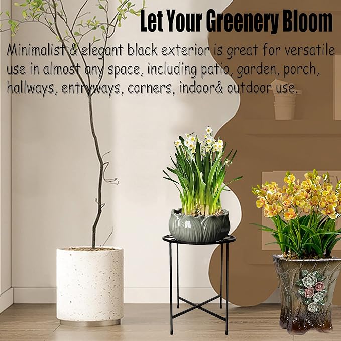 ZEECER Plant Stand, 15'' Tall Indoor Outdoor Set of 1, Retro Design Round, Rust-Proof Coated Metal Pot Stand for Flowers, Patio Garden Home Decor - Black
