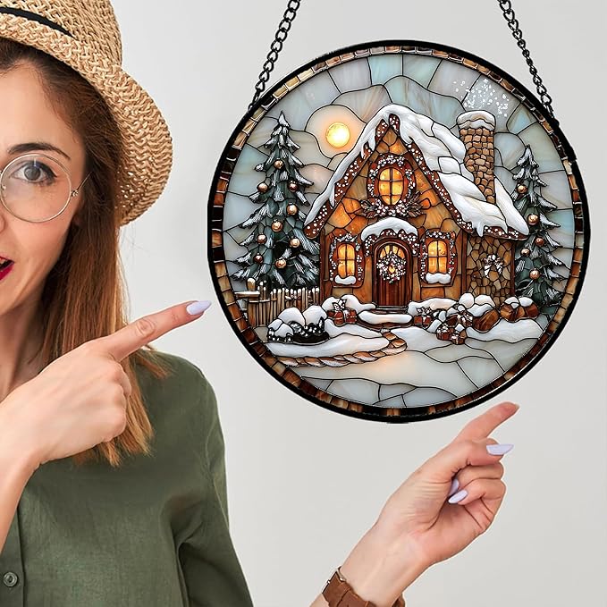 AMDERVEN Stained Glass Window Hanging - Christmas Tree Cottage Sun Catcher for Door Garden Home Winter Decor Snowy Night Suncatcher Mother's Day Birthday Gifts for Women Men Mom Nana 11.8 in