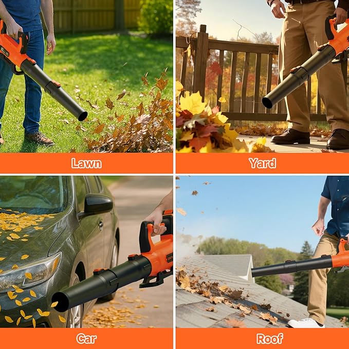 Leaf Blower Cordless with 2× 5.0Ah Batteries and Charger, 21V Electric, Lightweight Battery Powered Blowers for Lawn Care, Yard, Patio Cleaning, Blowing Leaves & Dust, Organe