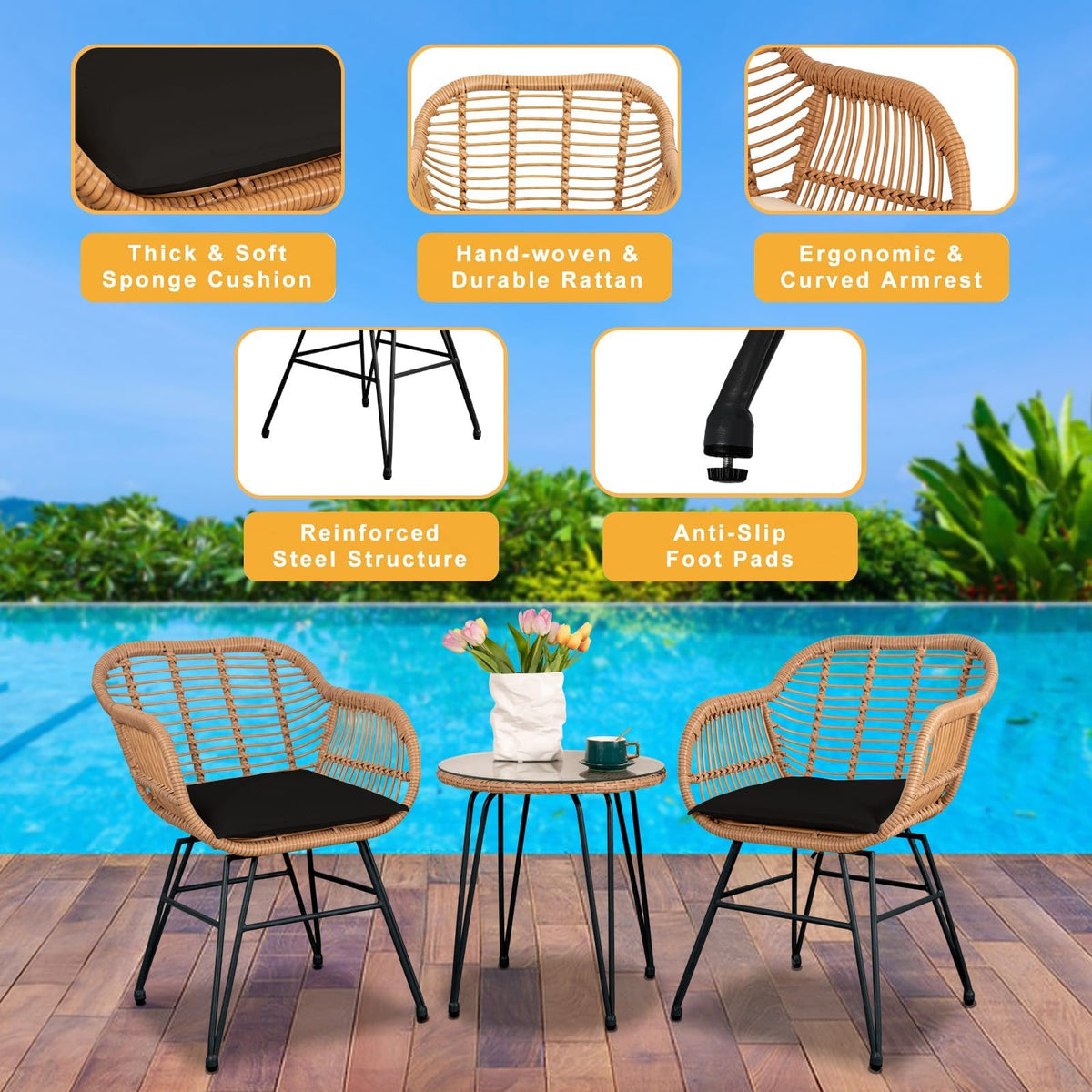 HOMEZILLIONS 3 Piece Outdoor Wicker Furniture Bistro Set, Rattan Chairs Conversation Sets Wicker Patio Furniture for Balcony Poolside Backyard, Black