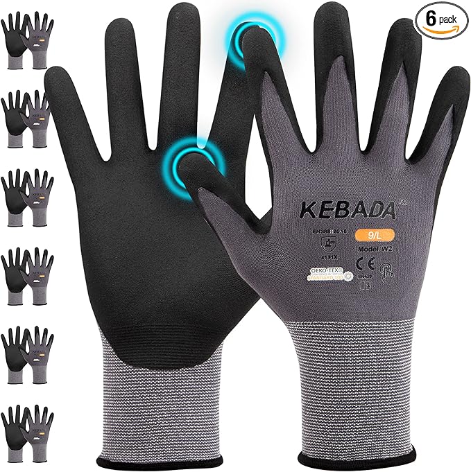 Kebada W2 Work Gloves for Men and Women, Nitrile Coated Working Gloves for Gardening, Construction, Warehouse, Safety Gloves for Work in Yard and Outdoors, 6 Pairs, Medium