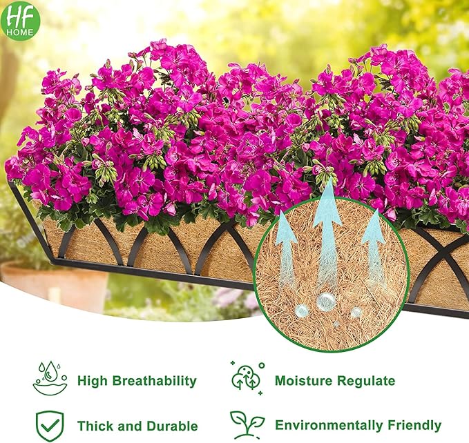 HFHOME 24 inch Window Deck Rail Planter Including Coco Liner, 24" Dia Window Box Horse Trough with Coconut Coir Liners, Black Metal Hanging Flower Planter Basket for Indoor Outdoor Lawn - Set of 2
