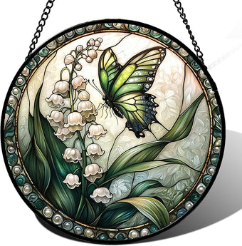 DASTOLL Stained Glass Window Hanging, Lily of The Valley Flower Butterfly Suncatcher for Doors Home Sun Catchers Decoration and Christmas, Mother's Day Birthday Gifts for Women, Men, Mom 14.9x14.9 in
