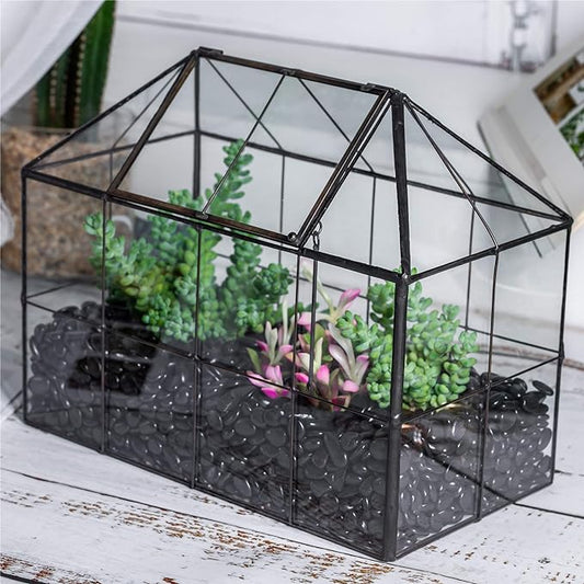 NCYP Glass Terrarium Planter with Lid for Small Succulent Cacti, Grid House Shape Black Geometric Terrarium Pot, Home Garden Indoor Tabletop Decor, 9.84" x 5.31" x 7.87" (No Plants)