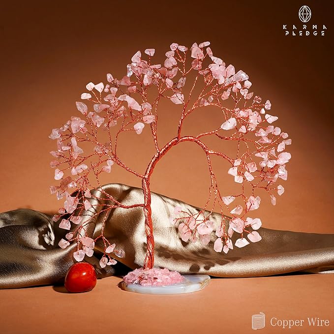 Rose Quartz Healing Crystal Tree of Life for Home and Office Decor, Positive Energy, Wealth, Good Luck, Reiki Healing Crystals and Stones, Handmade Feng Shui Decoration, Birthday Gifts for Women