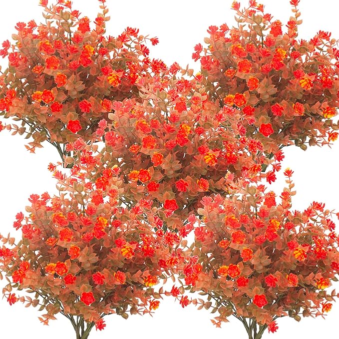 Grunyia Artificial Fall Flowers, Fake Outdoor UV Resistant Autumn Plants for Home Kitchen Christmas Festival Thanksgiving Autumns Decoration(Fall Orange)