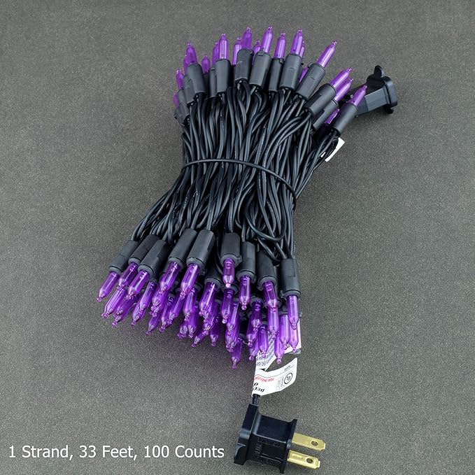 YULETIME Purple LED Christmas Lights with Black Wire, 33 ft 100 Count UL Certified Commercial Grade Halloween String Light Set (Purple - Black Wire)