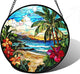 Stained Glass Window Hanging, Blue Beach Scenery Suncatcher Diamond Glass Panel Hangings Sun Catchers Decor for Birthday for Women, Men, Wife, Aunt, and Mom 6.3 in