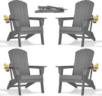 nevilywood Folding Adirondack Chair with Cup Holder Set of 4, HDPE Patio Chairs,All-Weather Outdoor Chairs for Backyard, Deck,Fire Pit-Grey