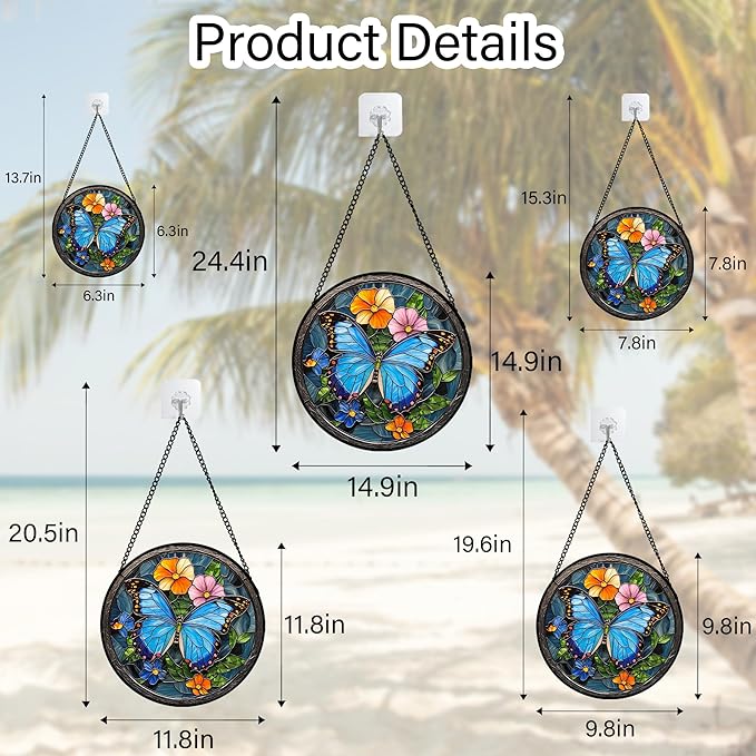 HWRHTR Stained Glass Window Hanging, Blue Butterfly Flower Suncatcher for Doors Home Sun Catchers Decoration and Christmas, Mother's Day Birthday Gifts for Women, Men, and Mom 11.8 in