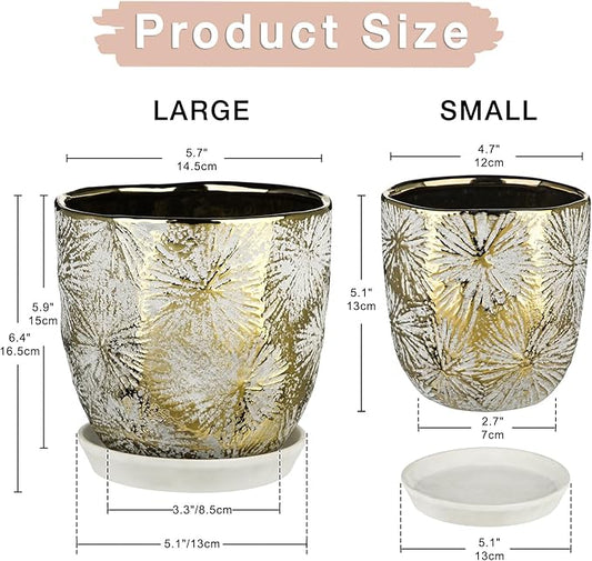 Oairse 6 +5 inch Ceramic Planter Pots Set of 2 Small Round Flower Pots with Drainage Hole and Ceramic Tray for Succulents Cactus Indoor Outdoor Garden Home Windowsill
