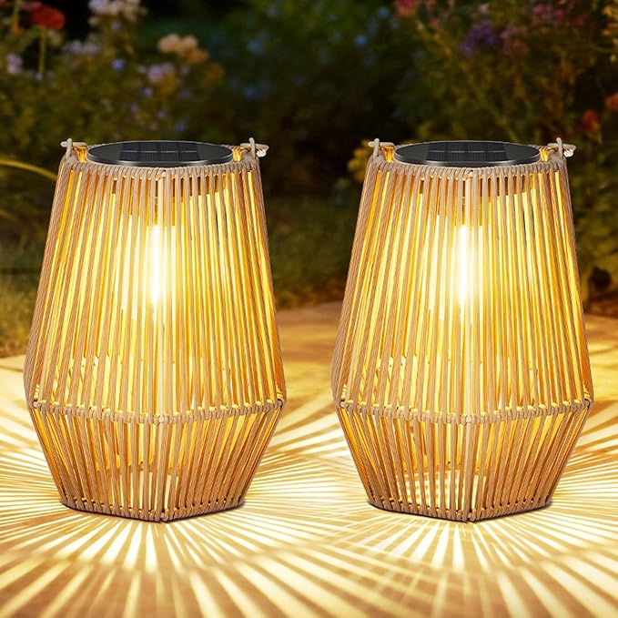2 Pack Solar Lanterns Outdoor Waterproof, Hanging Rattan Woven Solar Lights with Auto On/Off, Decorative Gifts for Garden, Yard, Patio, Tree, Porch, Lawn, Pathway & Outside Tabletop Decor