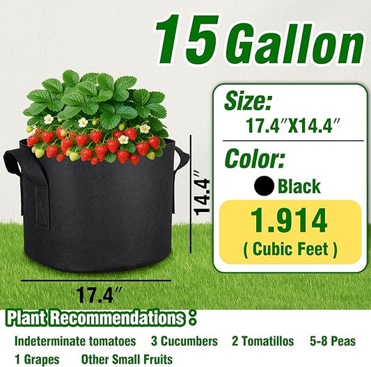 PHYEX 12-Pack 15 Gallon Grow Bags, Heavy Duty Fabric Pots with Handles, Reusable Plant Bags for Vegetable, Herbs & Flowers, BPA-Free, Breathable, Durable
