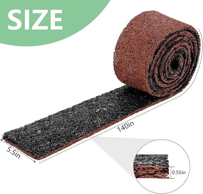 Adnee 140'' x 5.5" Double Sided Rubber Mulch Roll,2 Colors in 1 Recycled Rubber Mulch Walkway,Permanent Garden Edging Barrier Mat for Landscaping,Plants,Vegetables and Flowers
