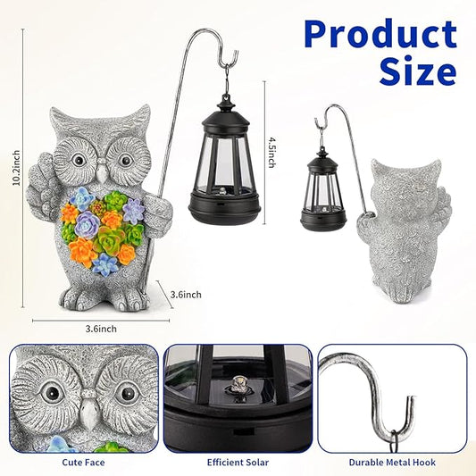 Solar Owl Garden Statue with Succulent Decor & Hanging Lantern – Outdoor Resin Decor for Patio, Yard, Balcony – Unique Gift for Women, Gardeners