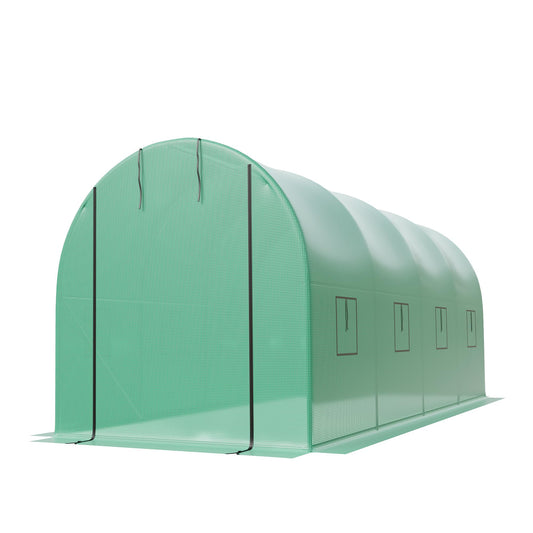 IDEALHOUSE 15x7x7 ft Large Walk-in Outdoor Greenhouse, Hoop House Tunnel Greenhouse with Galvanized Steel Frame, Green PE Mesh Cover, 8 Roll-Up Windows, Ideal for Backyard Gardening, Zipper Door