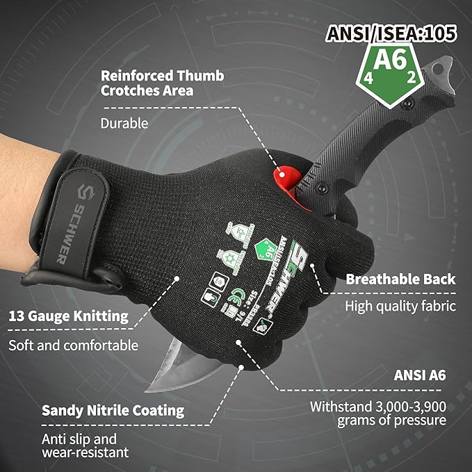 FreezeGuard Winter Work Gloves for Men and Women, ANSI A6 Cut Resistant Gloves With Super Grip, Freezer Glove for Work, Touchscreen, Thermal Insulated, Non PFAS, PR3388, Black Knight (M, 2 Pairs)